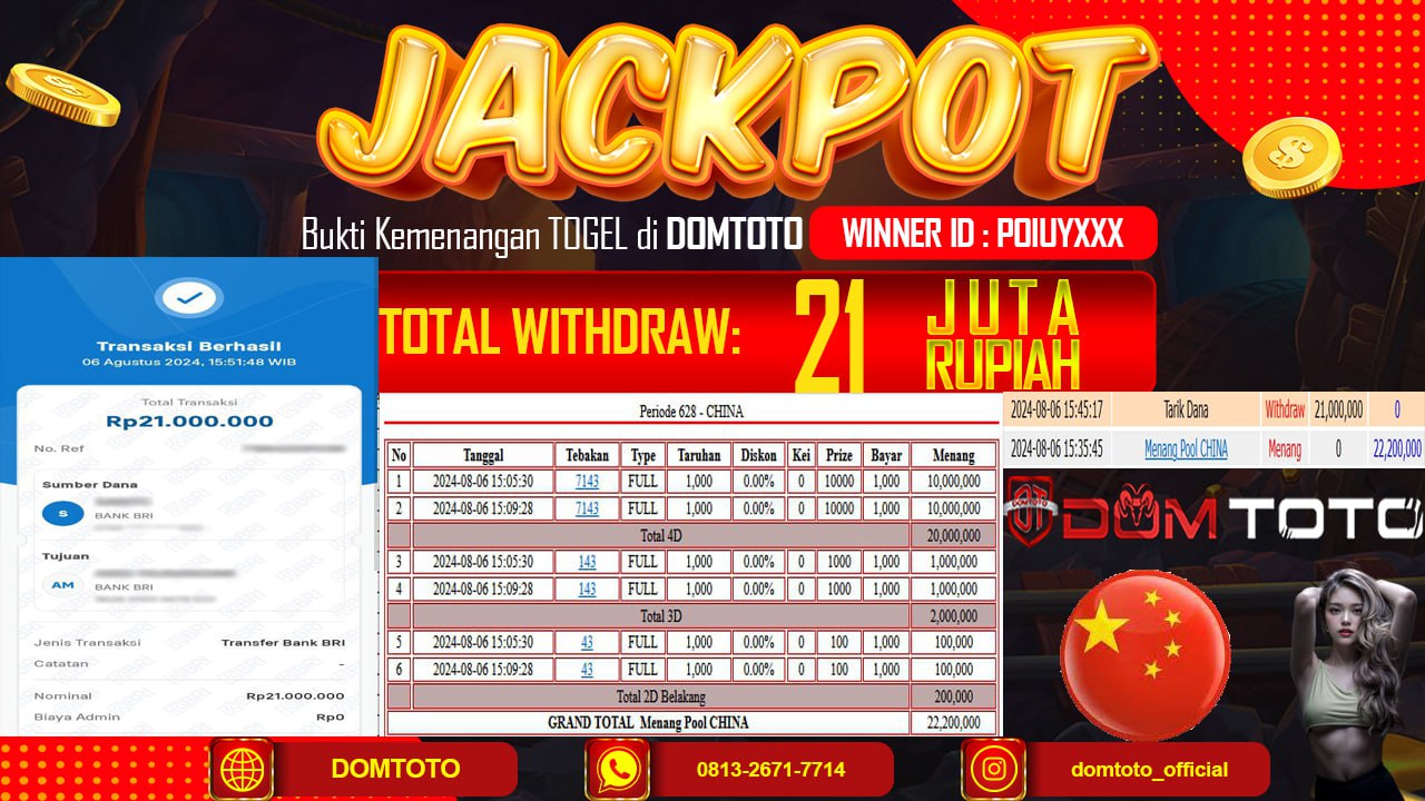 JACKPOT TOGEL POOL CHINA 06 AGUSTUS 2024